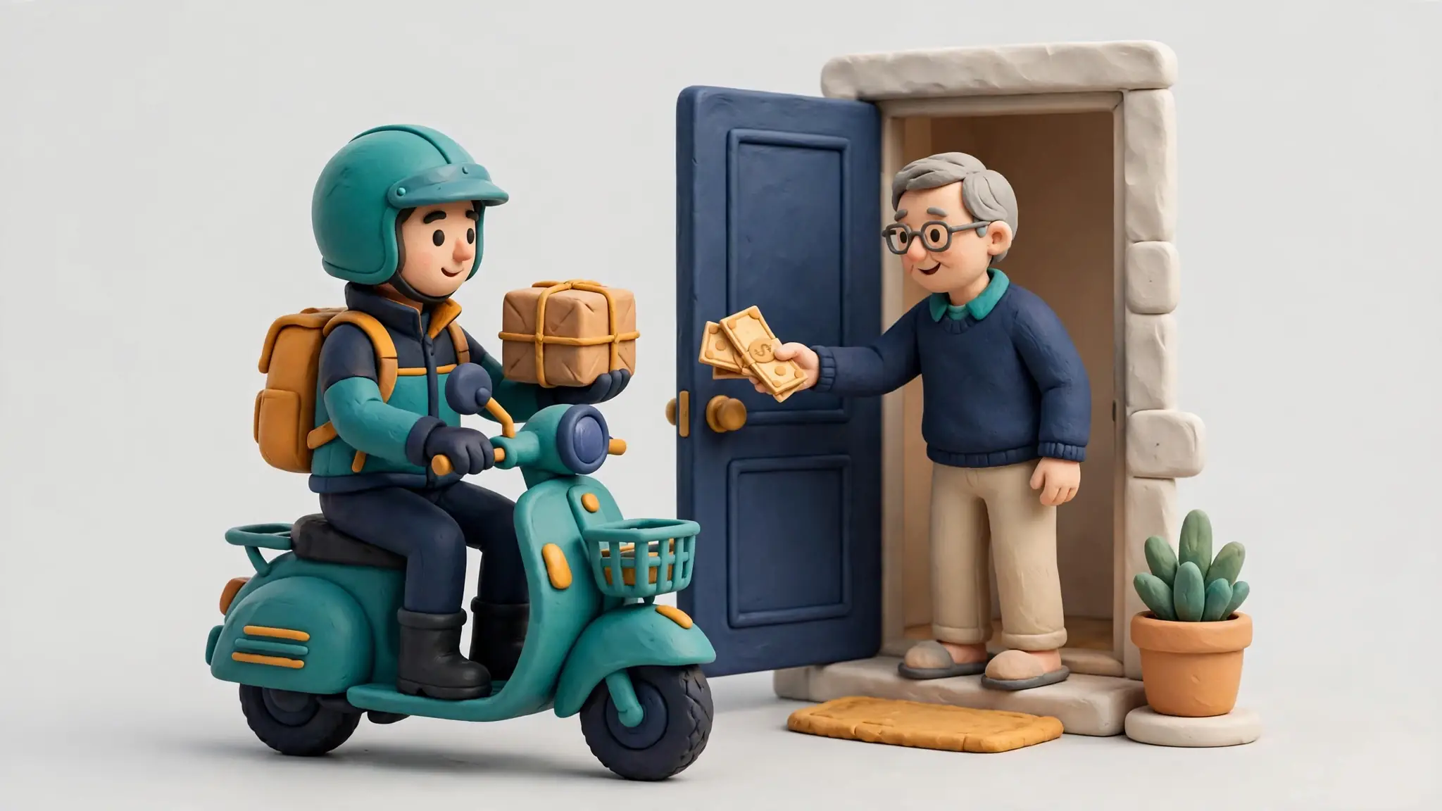 TCS rider collecting cash on delivery from a customer at the doorstep