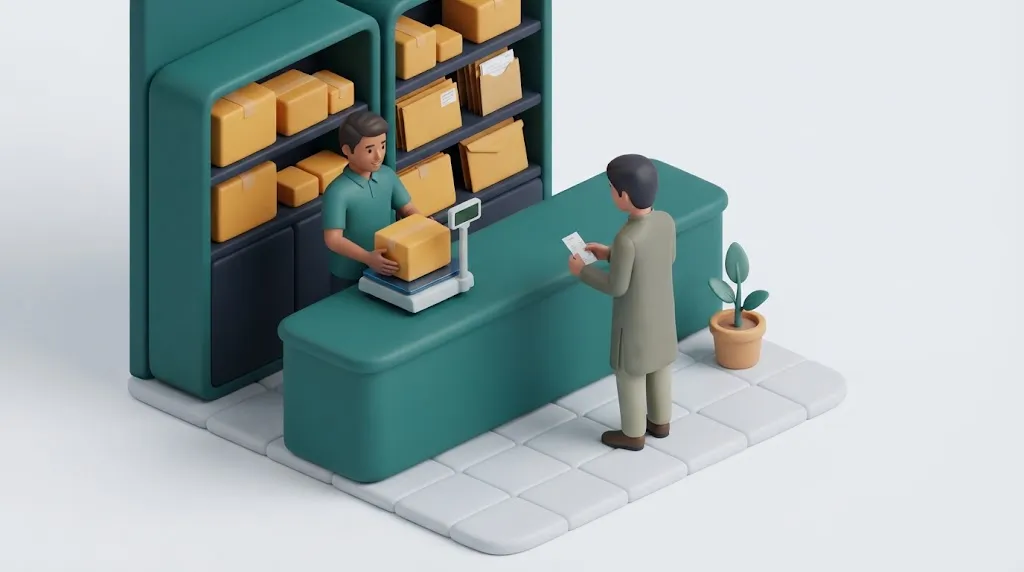 Staff weighing a parcel at a courier Express Centre counter